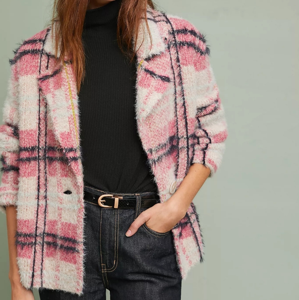 Fuzzy Plaid Sweater Jacket